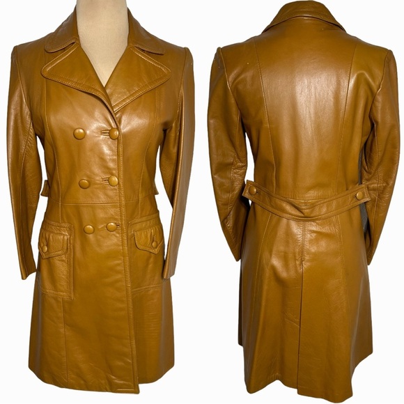 Vintage 1970's leather trench coat size S - Picture 3 of 13